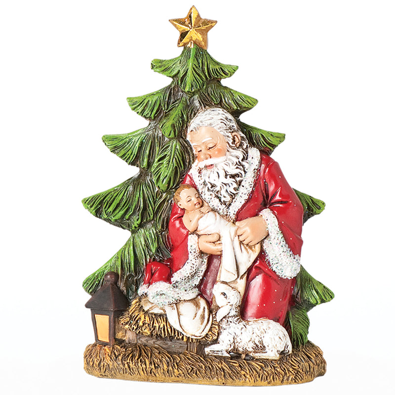 Santa Kneeling with Baby Jesus by Tree Slim Figure 6.25"H