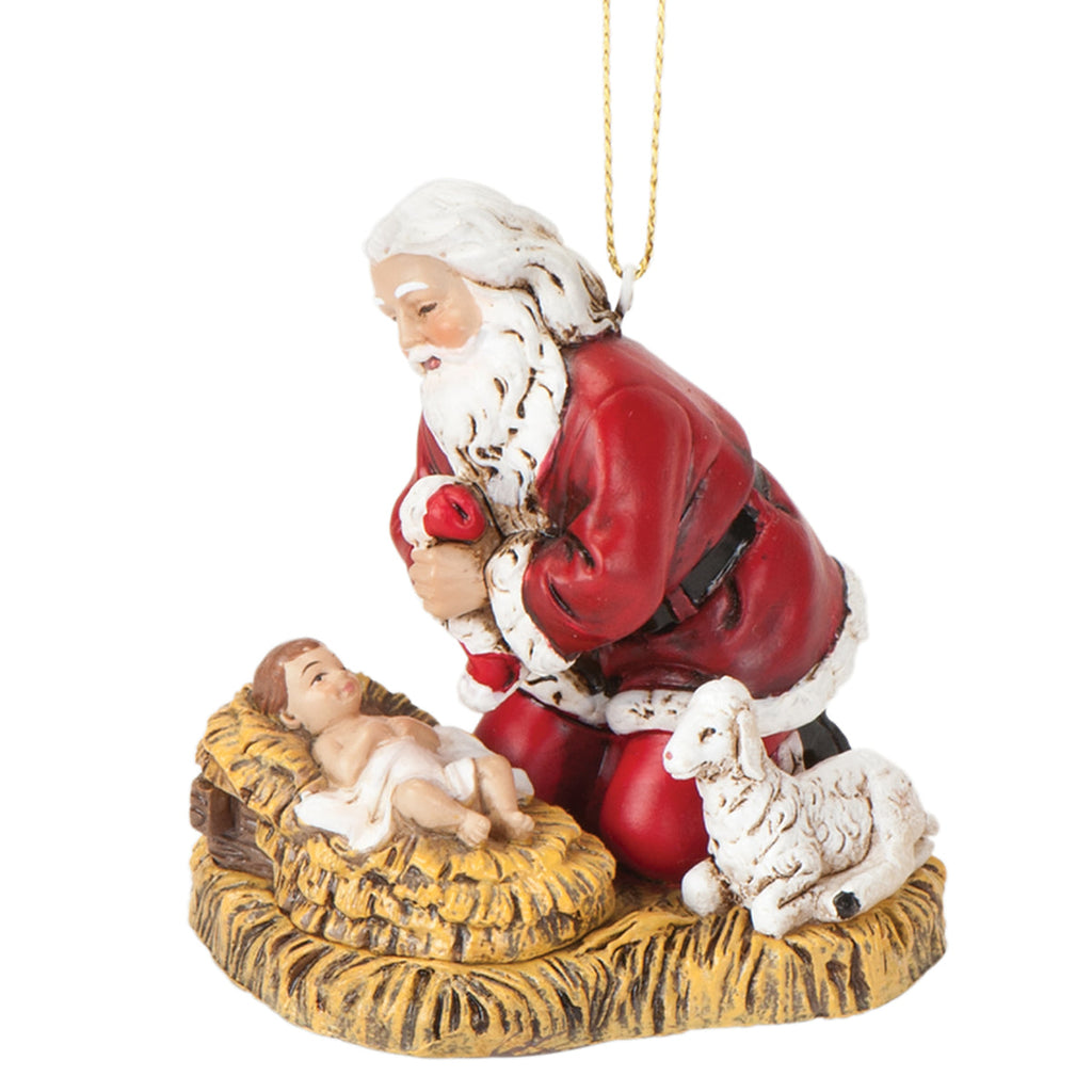 Santa Kneeling to Baby Jesus Ornament 2.75"H