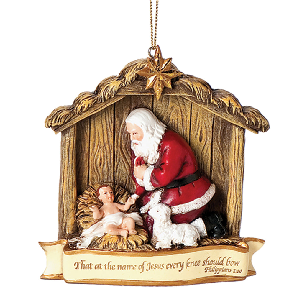 Santa Kneeling to Baby Jesus Ornament 3.5"H