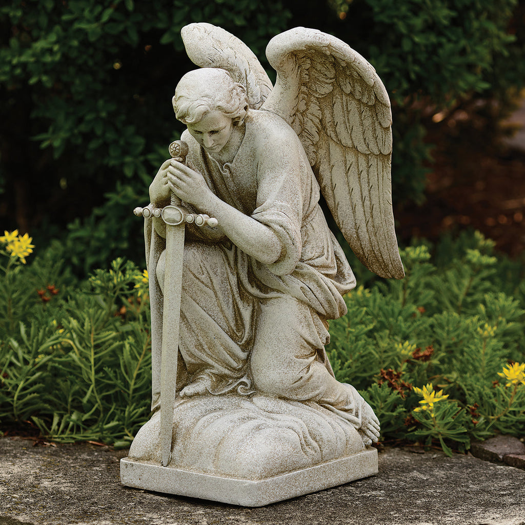 Kneeling Angel with Sword Garden Statue 13.25"H