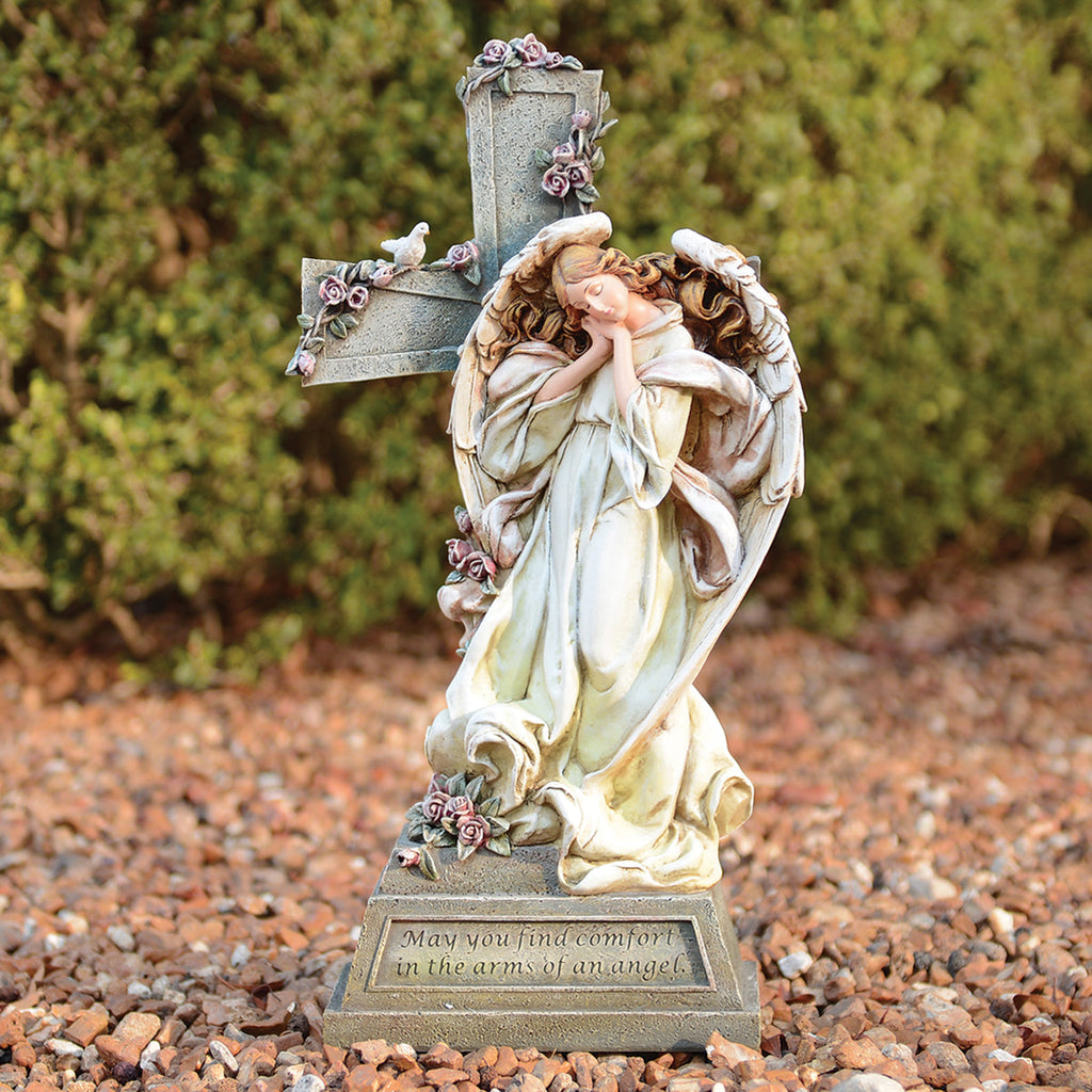 Angel with Cross Memorial Garden Statue 14.75"H
