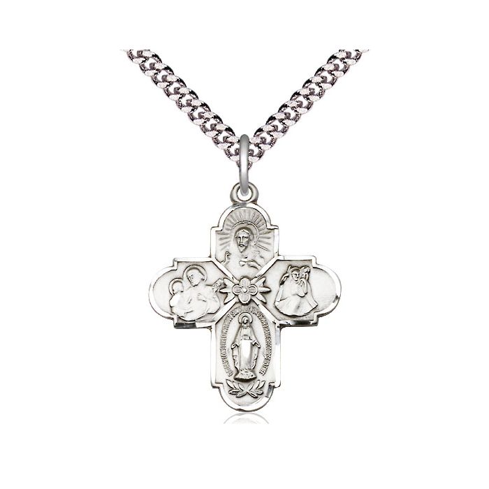 Silver cross pendant necklace on a white background
