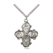Silver cross pendant necklace with religious figures on a white background