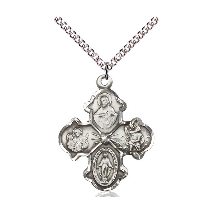 Silver cross pendant necklace with religious figures on a white background