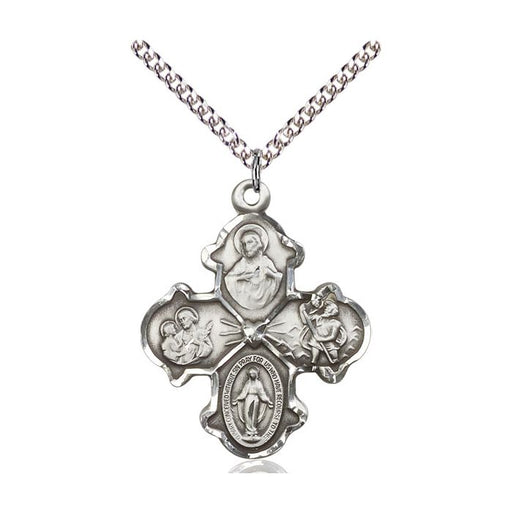 Silver cross pendant necklace with religious figures on a white background