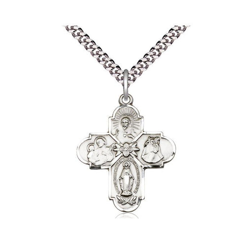 Silver cross pendant necklace on a white background