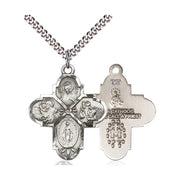 Silver cross pendant with religious symbols on a white background
