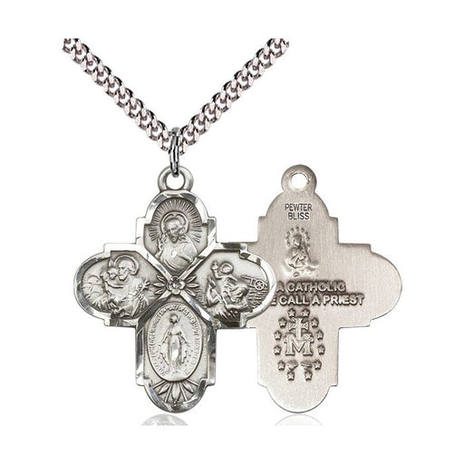 Silver cross pendant with religious symbols on a white background