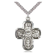 Silver cross pendant with religious figures on a white background