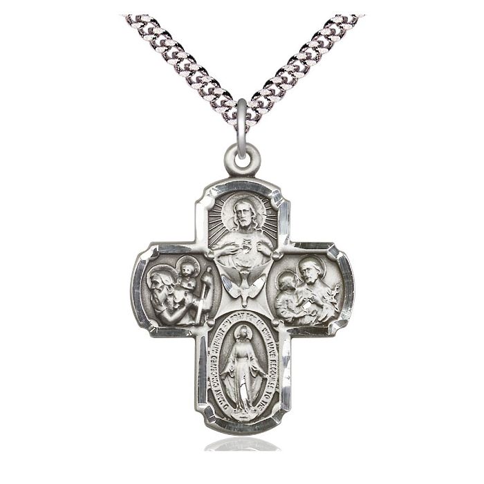 Silver cross pendant with religious figures on a white background