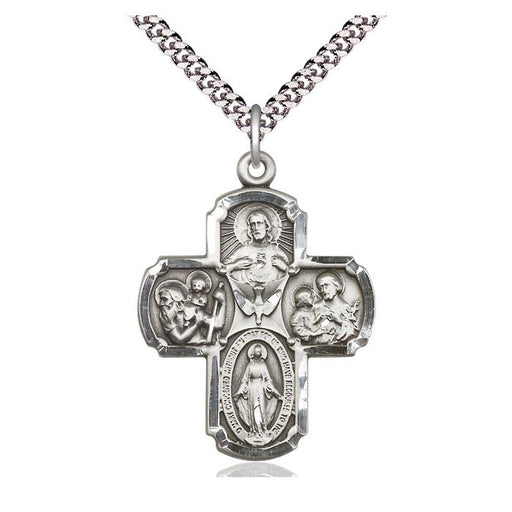 Silver cross pendant with religious figures on a white background