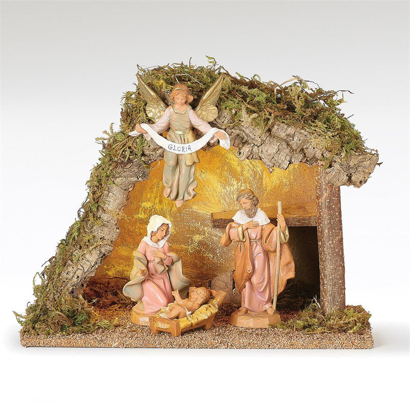 Fontanini 5" Scale 4 Figure Nativity with LED Italian Stable