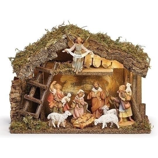 Fontanini 5" Scale 9 Figure Nativity with LED Italian Stable