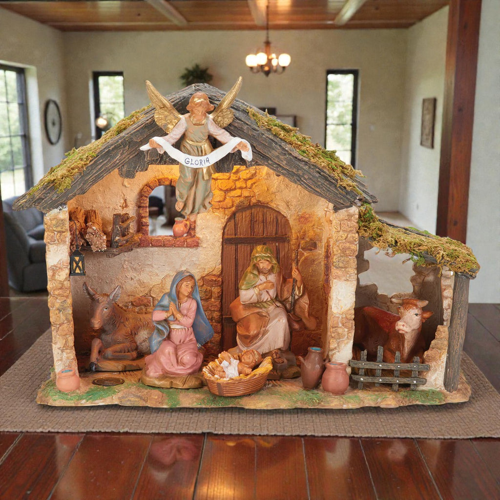 6 Figure Nativity Set with Lighted Resin Stable 5" Scale