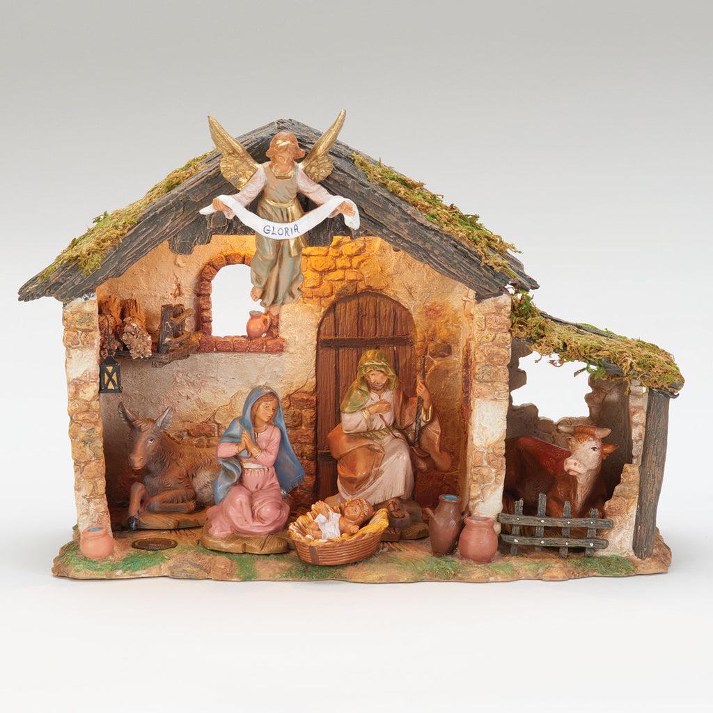 6 Figure Nativity Set with Lighted Resin Stable 5" Scale