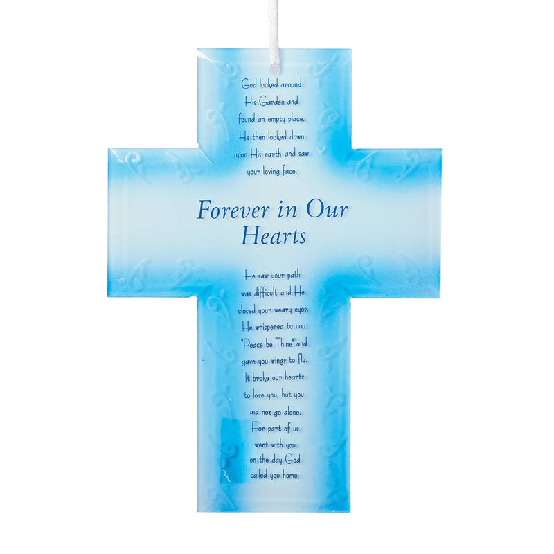 Memorial Cross Blue Glass 7.5"H