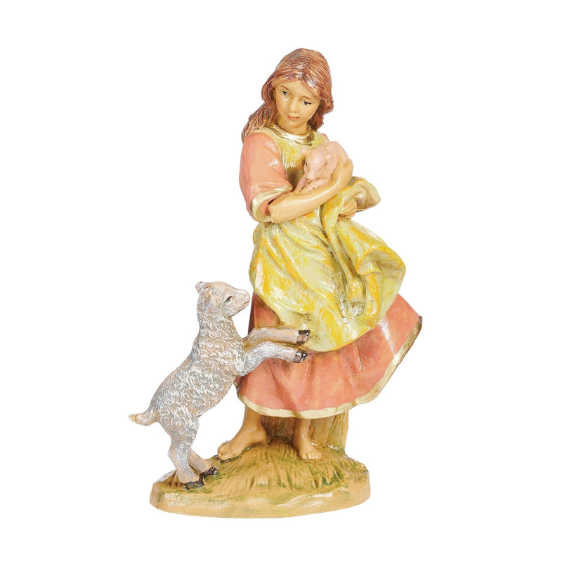 Fontanini Elisha shepherdess holding a lamb with another lamb at her side, 5-inch scale, item 59821
