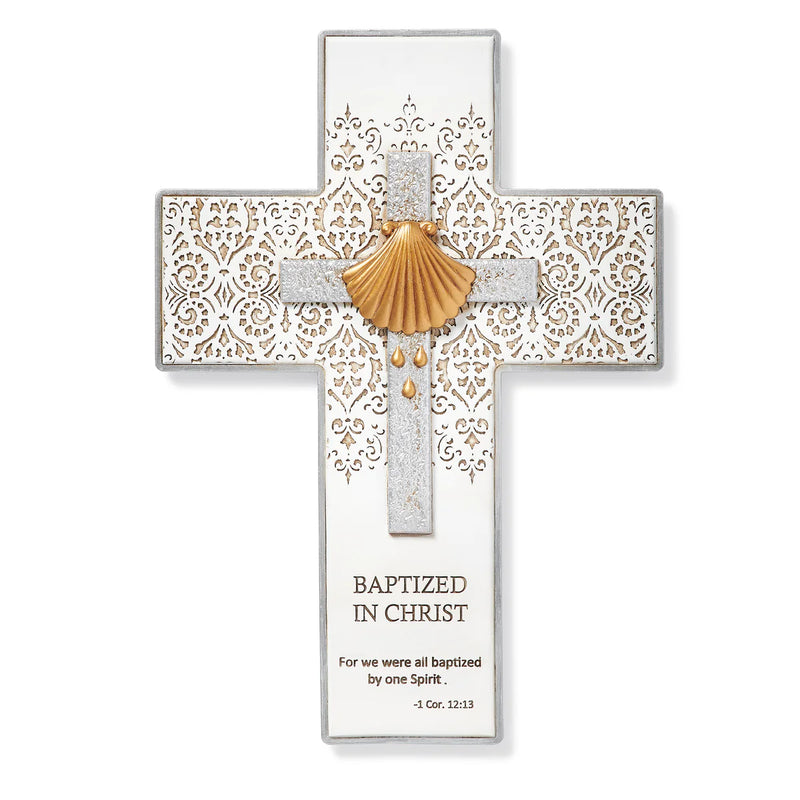 Baptism Wall Cross with Gold Shell 9"
