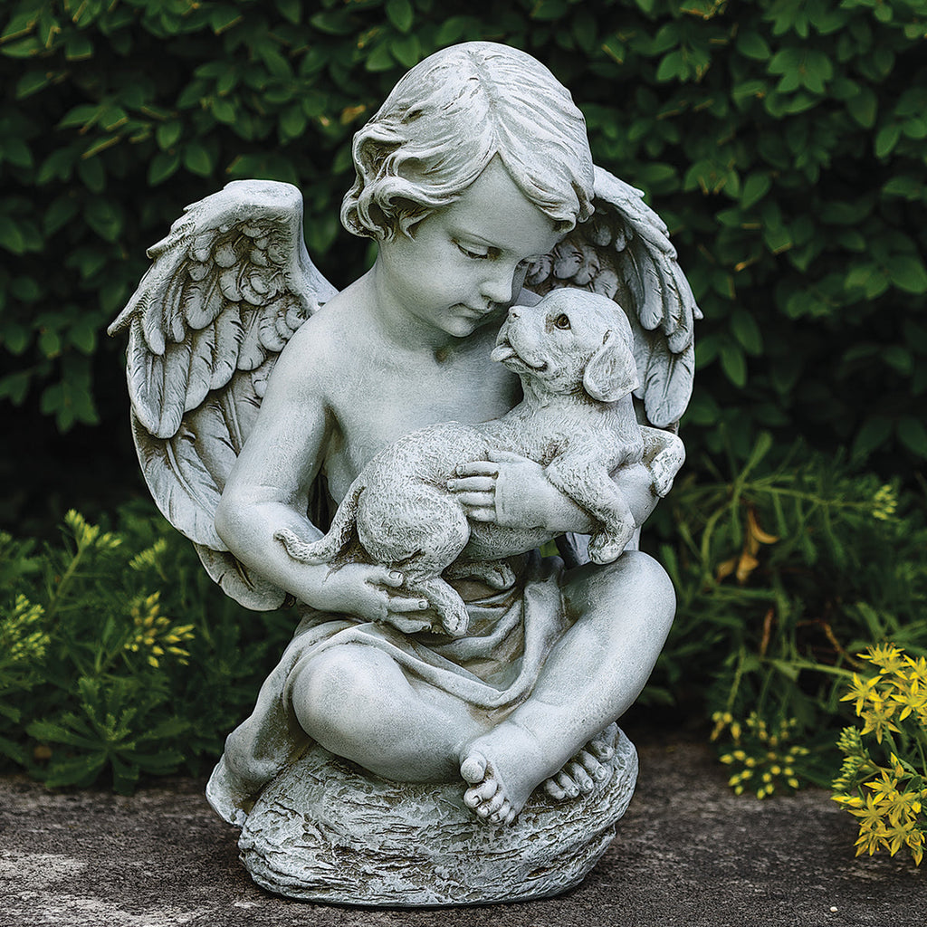 Cherub with Puppy Garden Statue 12"H