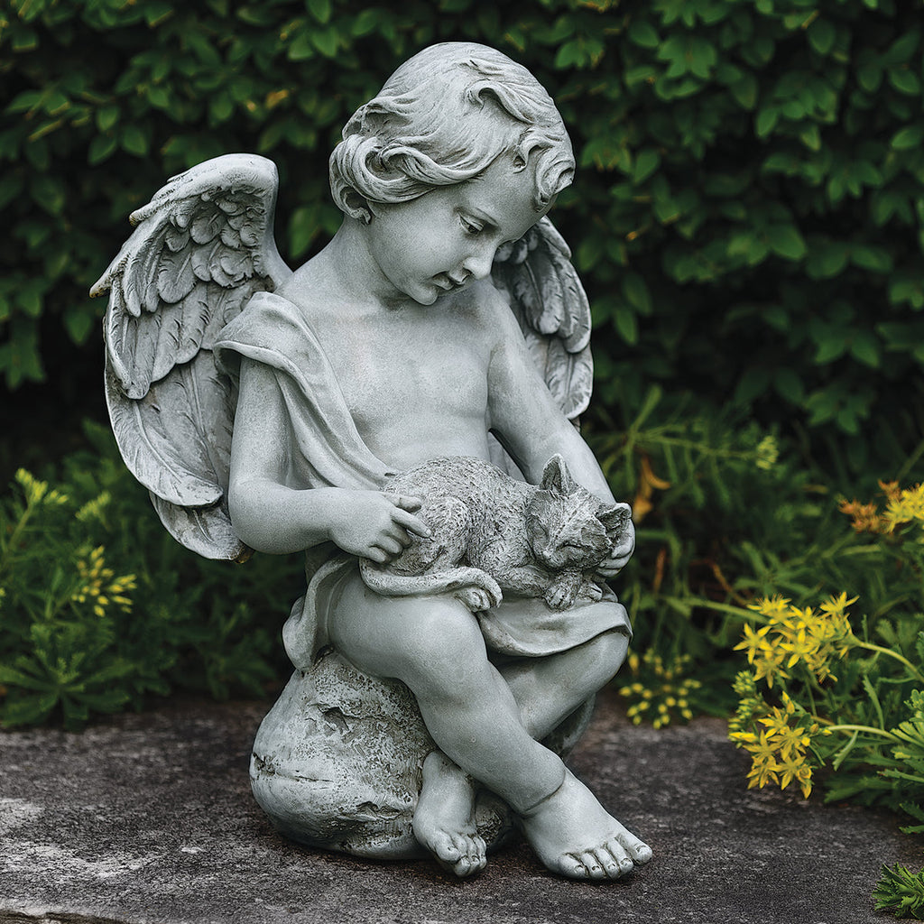Cherub with Kitten Garden Statue 12"H