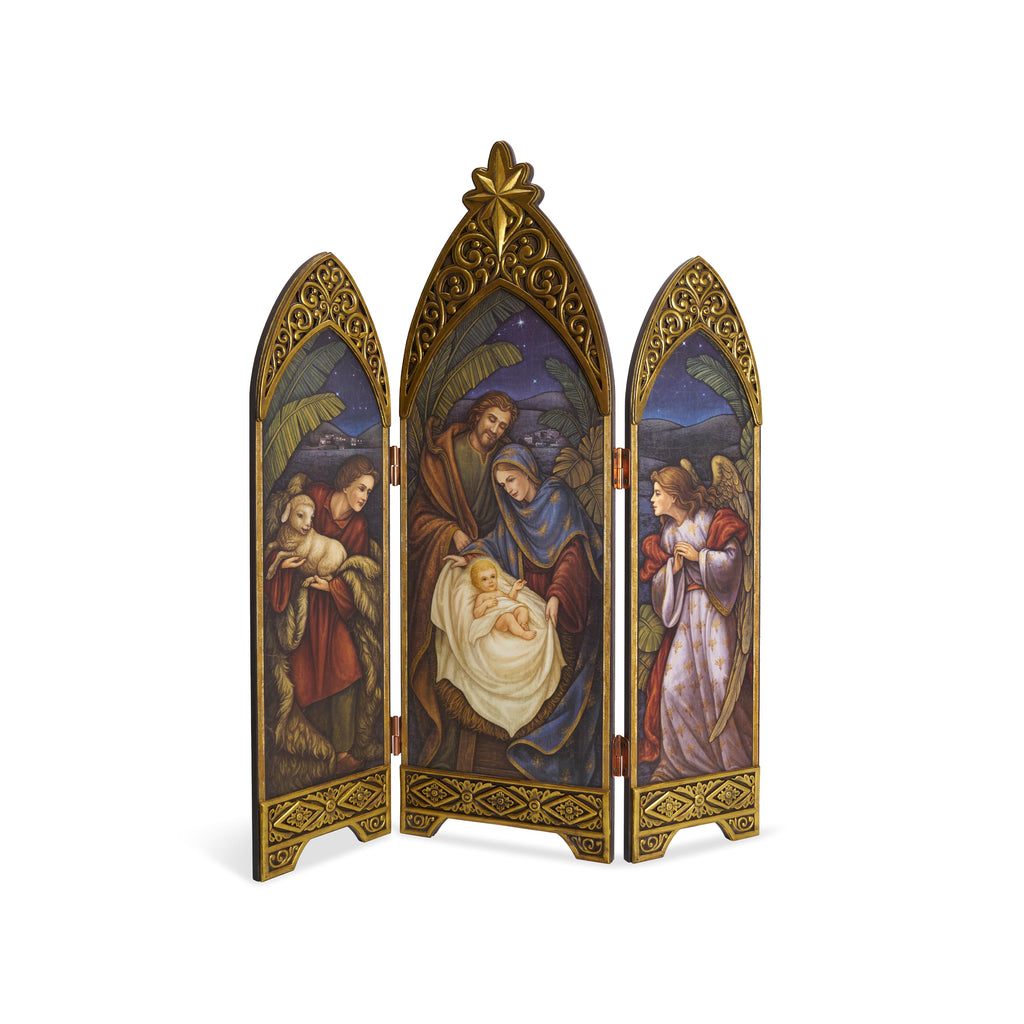 Nativity Triptych with Shepherd, Holy Family, and Angel 36.25"H