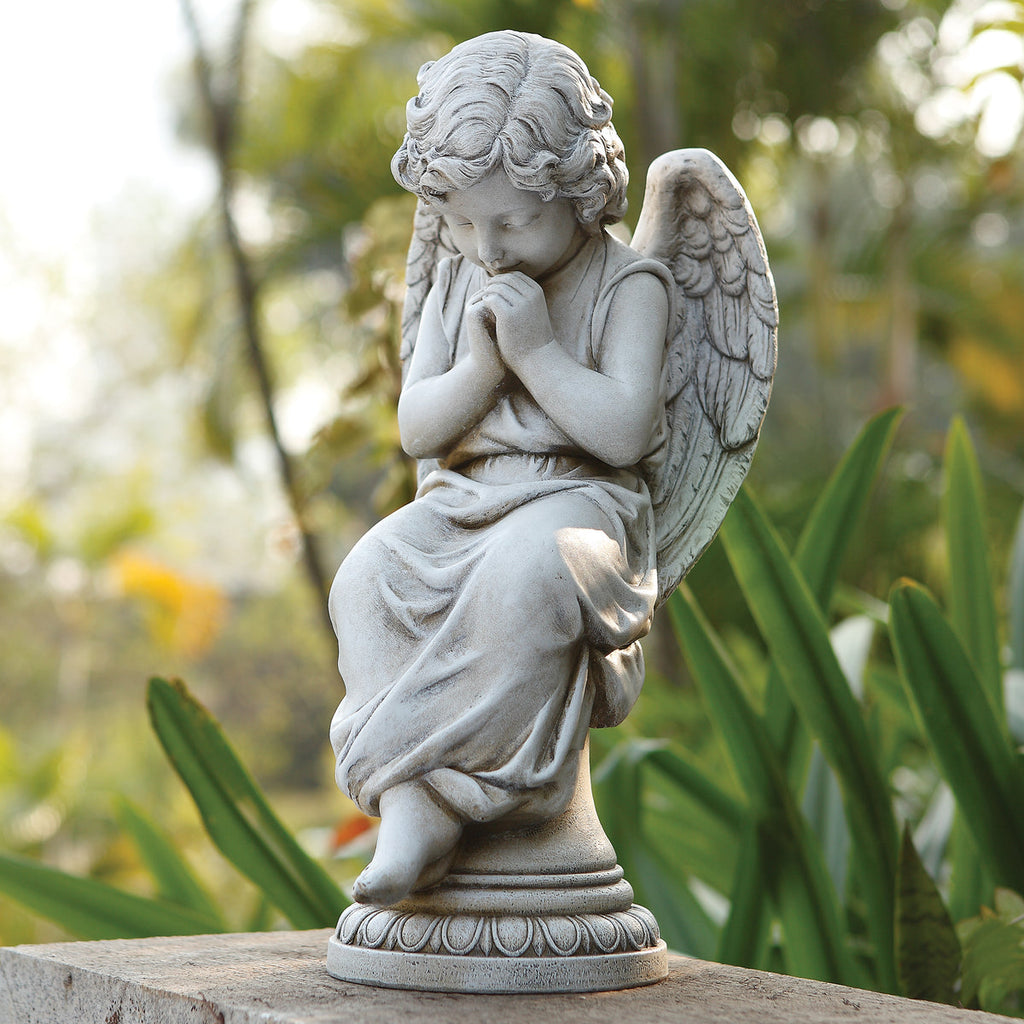 Seated Angel on Pedestal Garden Statue 17"H