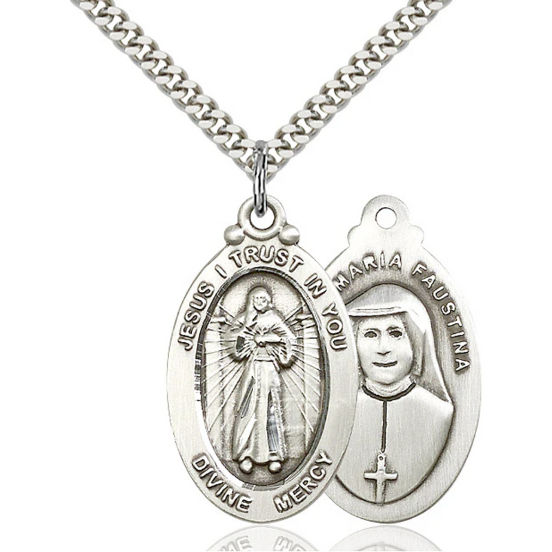 Divine Mercy Necklace Sterling Silver 24"