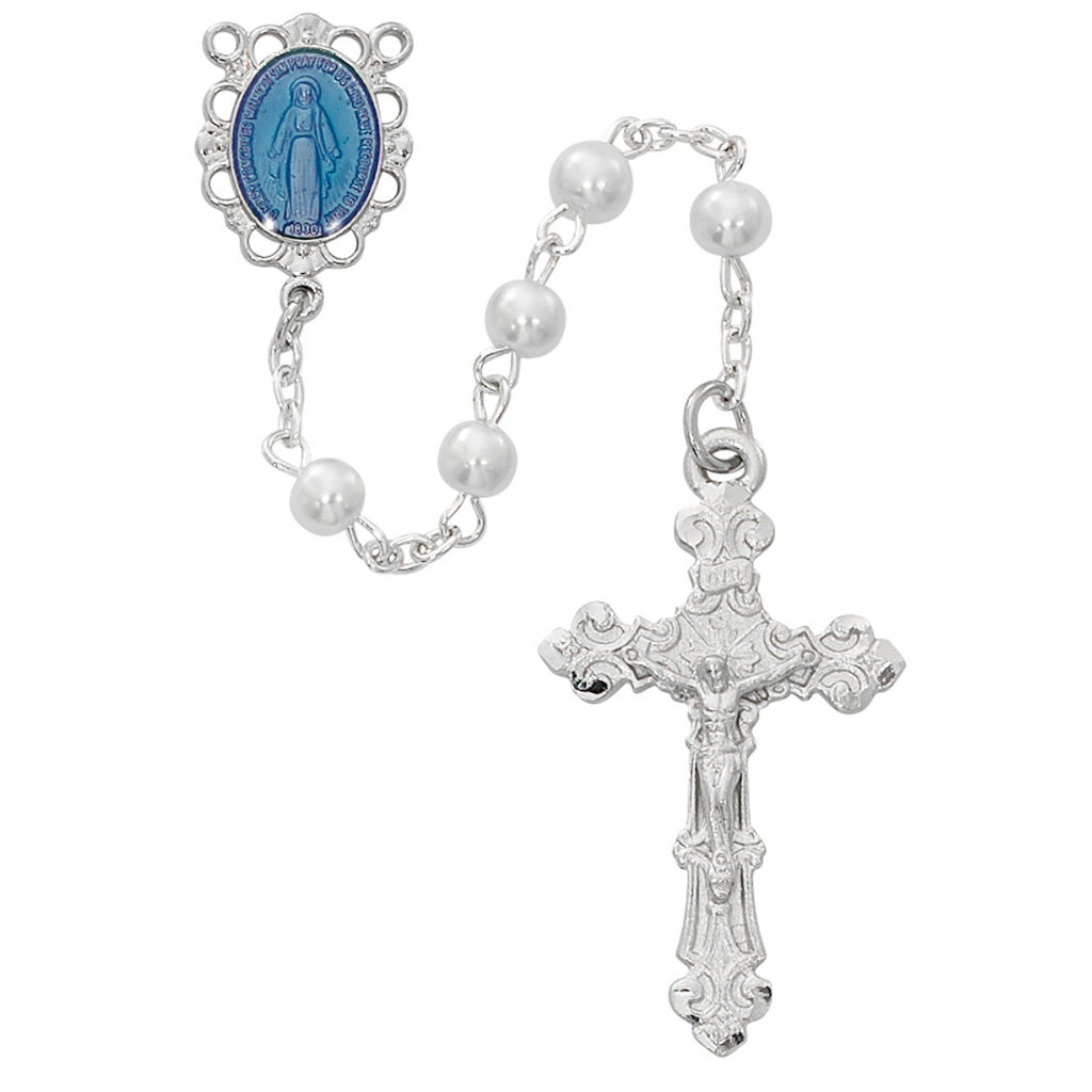 Rosary - White with Blue Miraculous Rosary Boxed