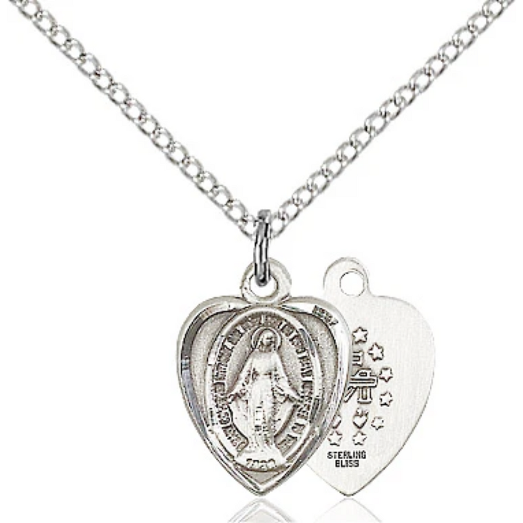 Miraculous Medal Heart Sterling Silver 18"
