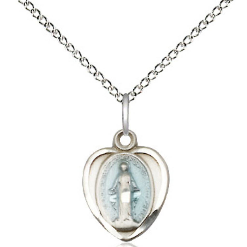 Miraculous Medal Heart Sterling Silver 18"