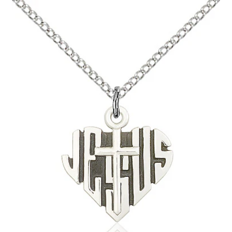 Heart of Jesus Cross Necklace Sterling Silver 18"