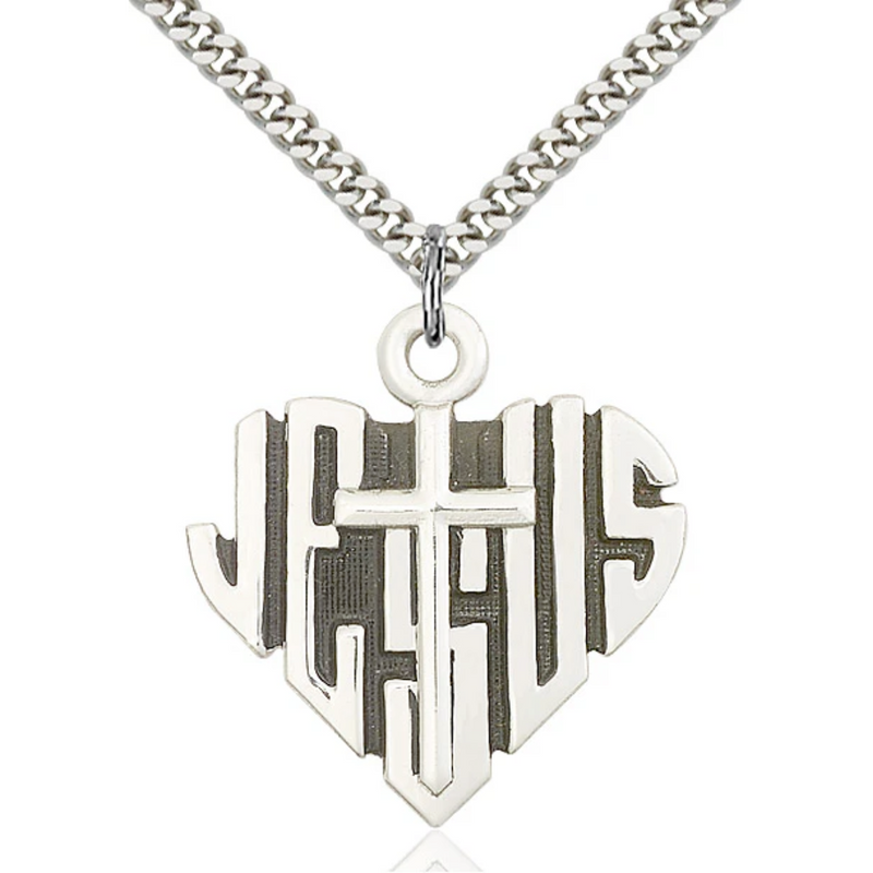 Heart of Jesus Cross Necklace Sterling Silver 24"