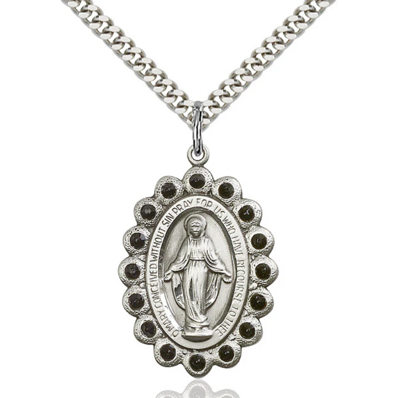 Miraculous Medal Necklace Sterling Silver 24"