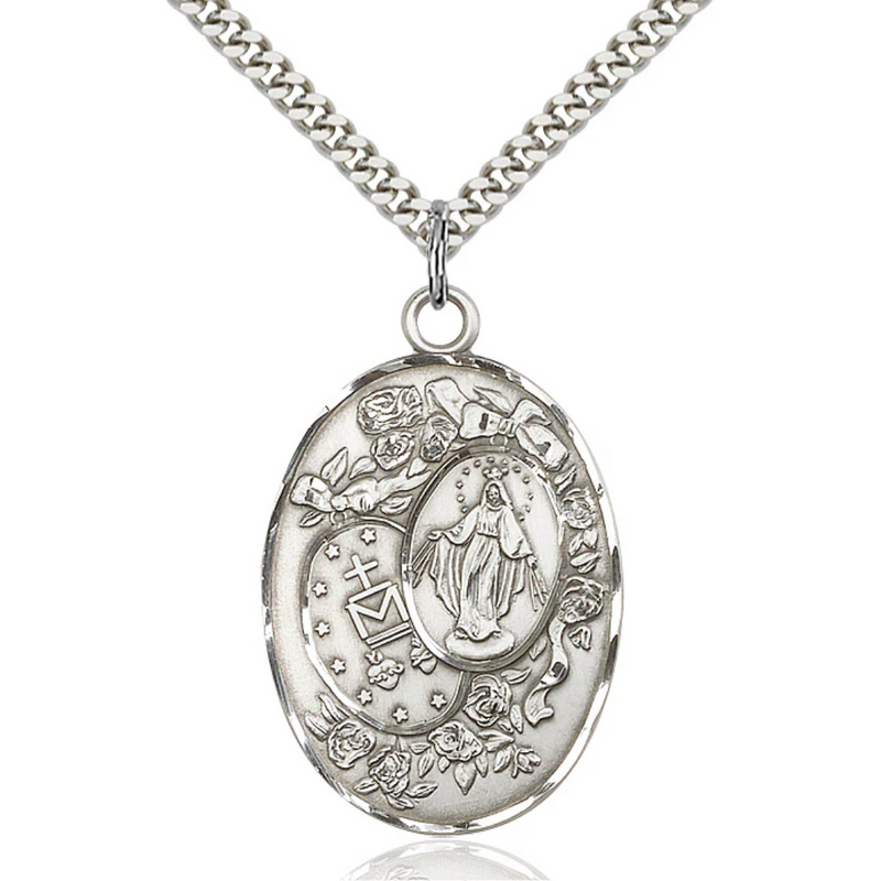 Miraculous Medal Necklace Sterling Silver 24"