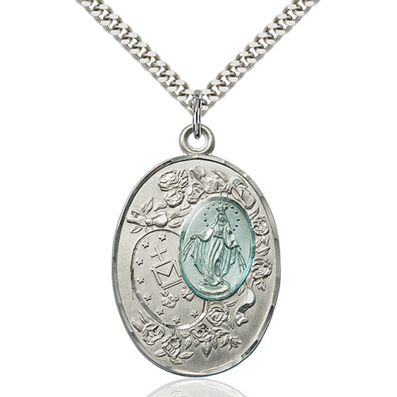 Miraculous Medal Necklace Sterling Silver 24"