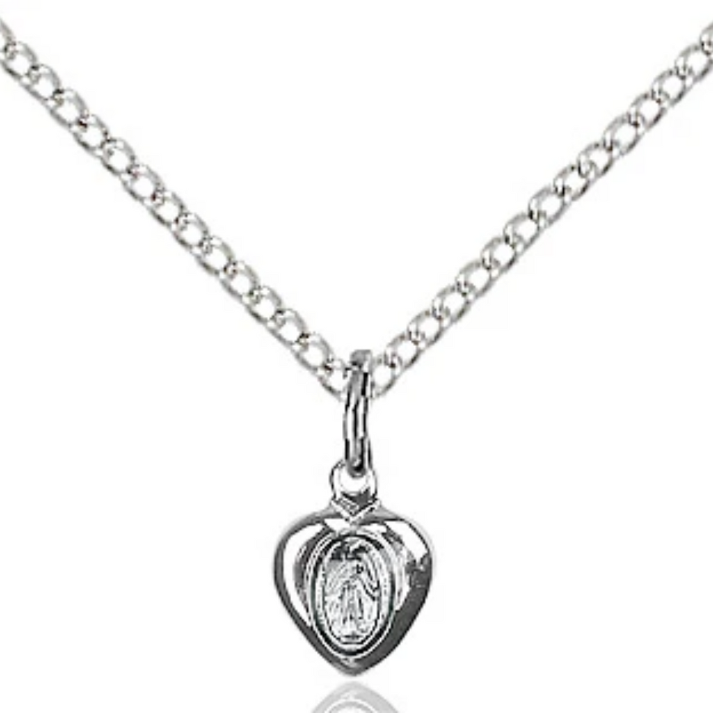 Miraculous Medal Heart Sterling Silver 18"