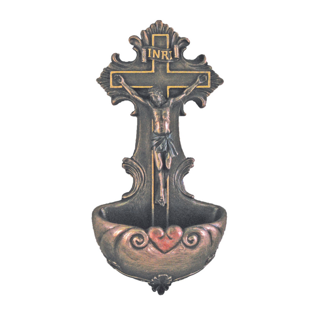 Crucifix Bronze Holy Water Font 6.75"