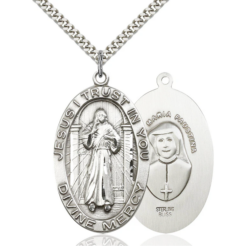 Divine Mercy Necklace Sterling Silver 24"