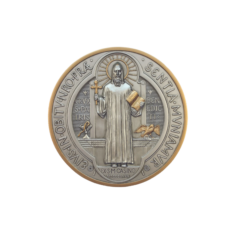 St. Benedict Medal Wall Plaque | 7" | Pewter & Gold
