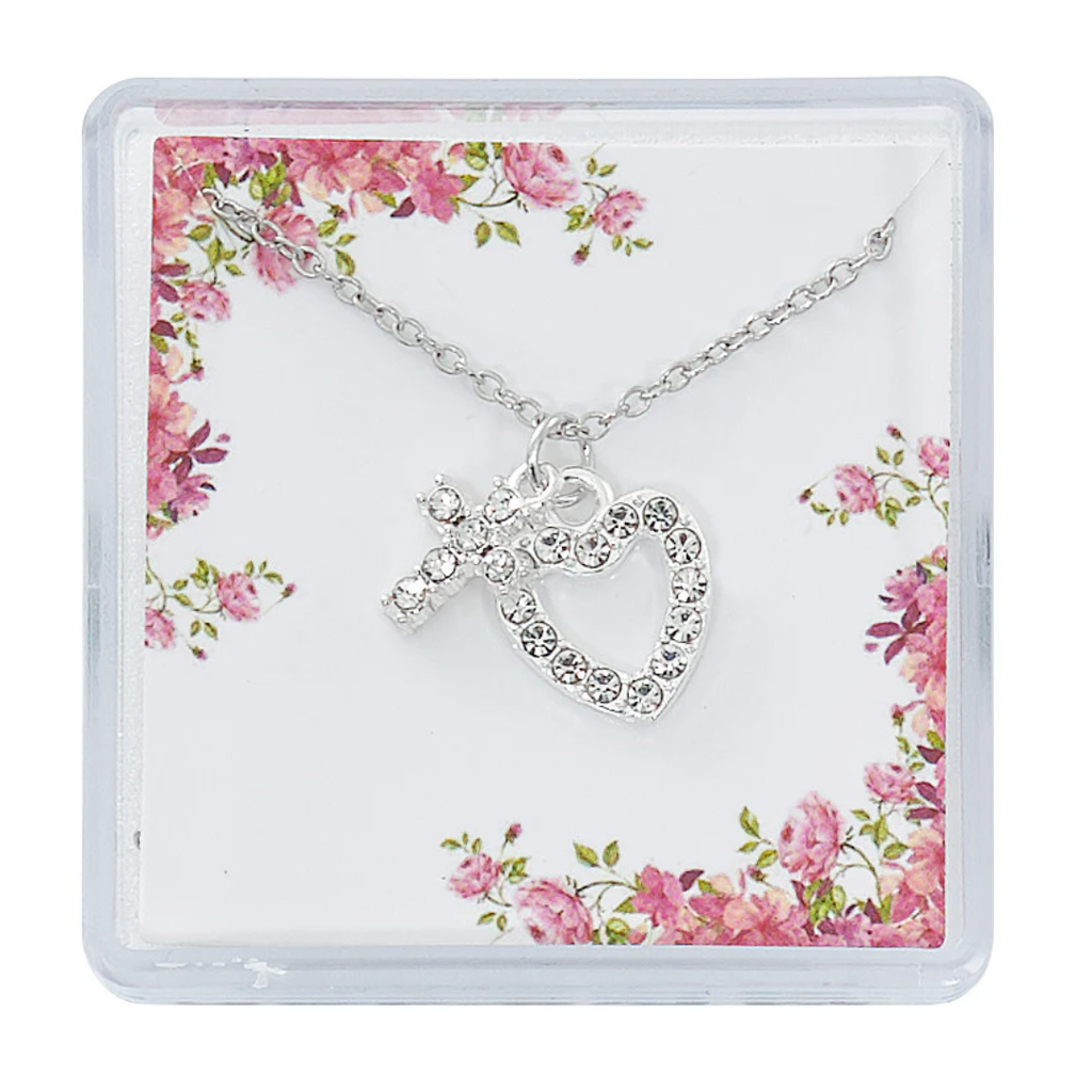 Crystal Cross and Heart Necklace 16"