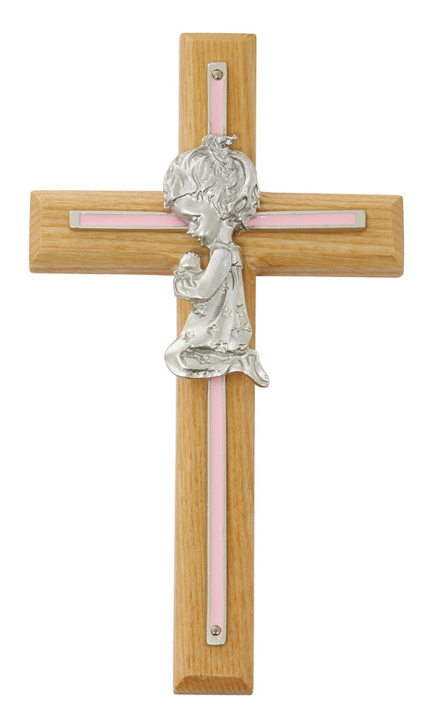 Cross - 7in Oak with Baby Pink Girl Praying Cross Boxed