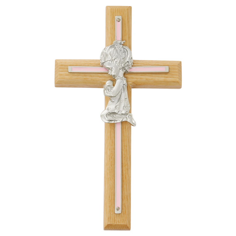 Cross - 7in Oak with Baby Pink Girl Praying Cross Boxed