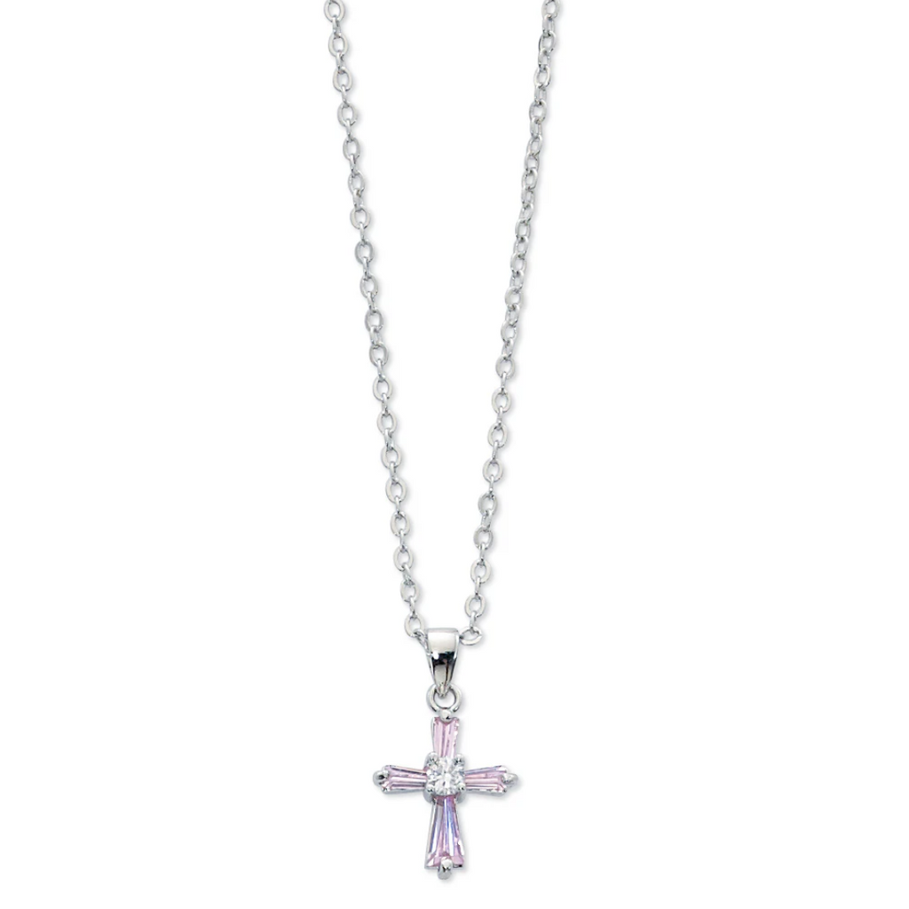 Necklace - Pink cubic zirconia Cross, 16in Chain, Box
