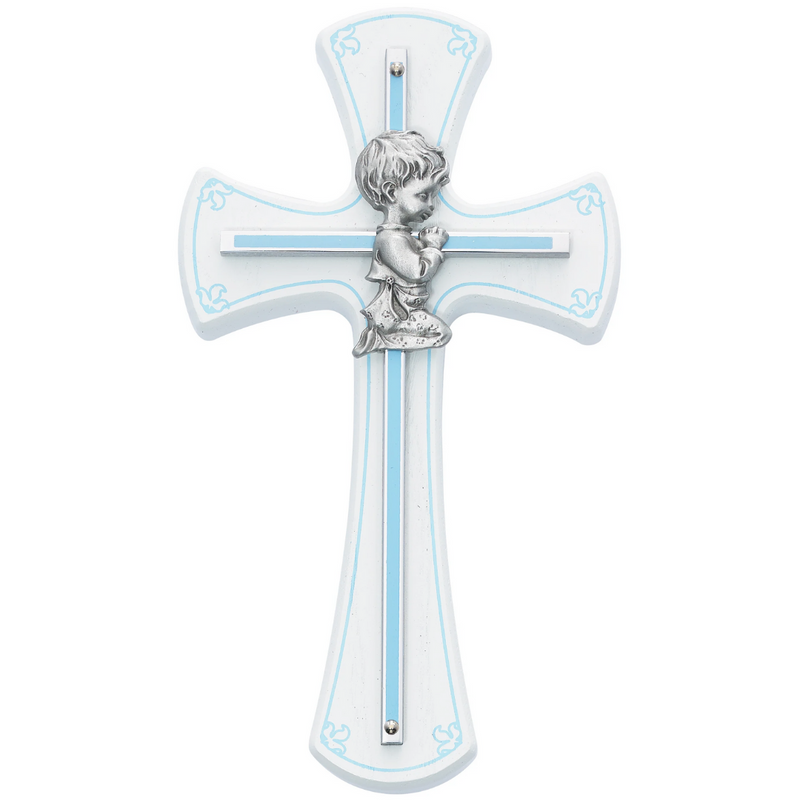 Cross - 7in White and Blue Baby Boy Praying Cross