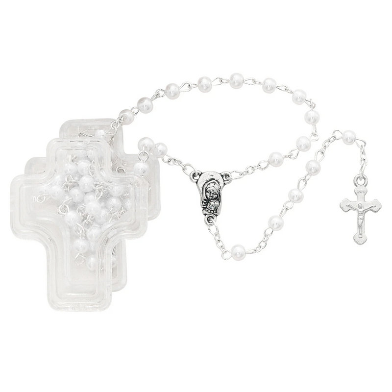 White Pearl Rosary in Cross Box