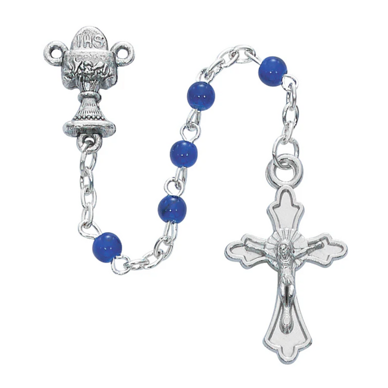 Rosary - Blue Glass Communion Rosary with Cross Box