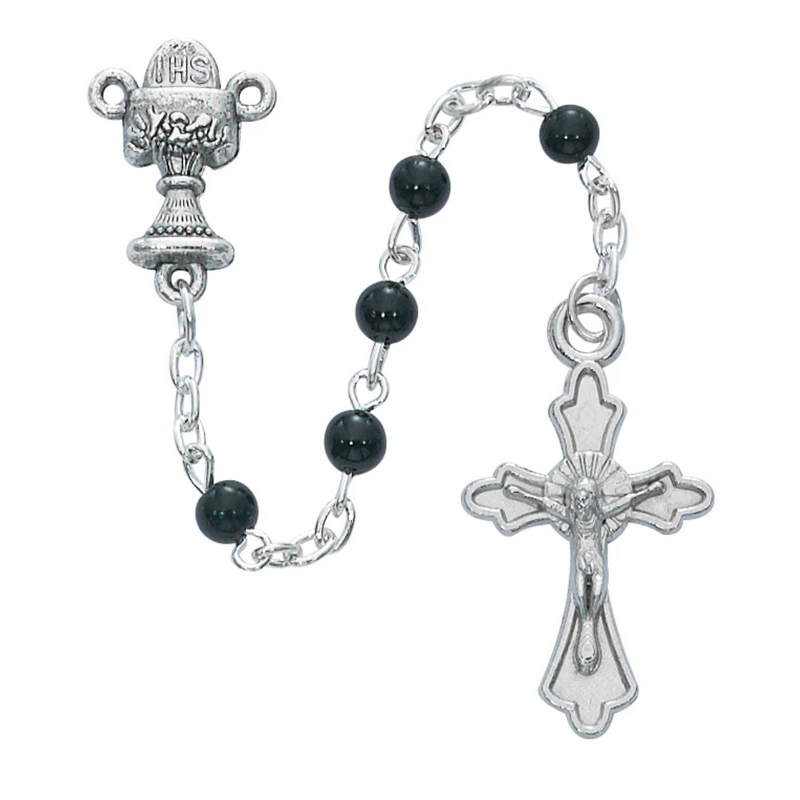 Rosary - Black Glass Communion Rosary with Cross Box