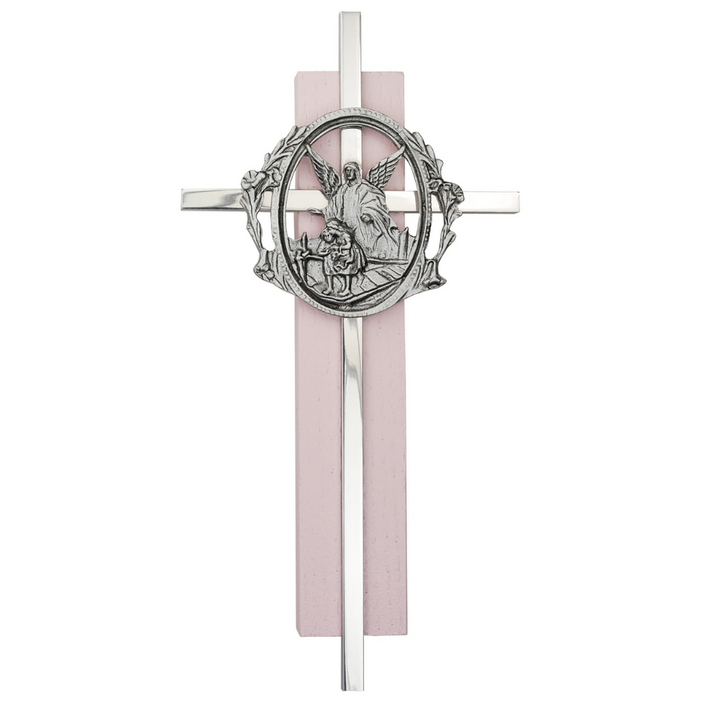 Wall Cross - 6in Pink Wood Guardian Angel Silver Cross Boxed