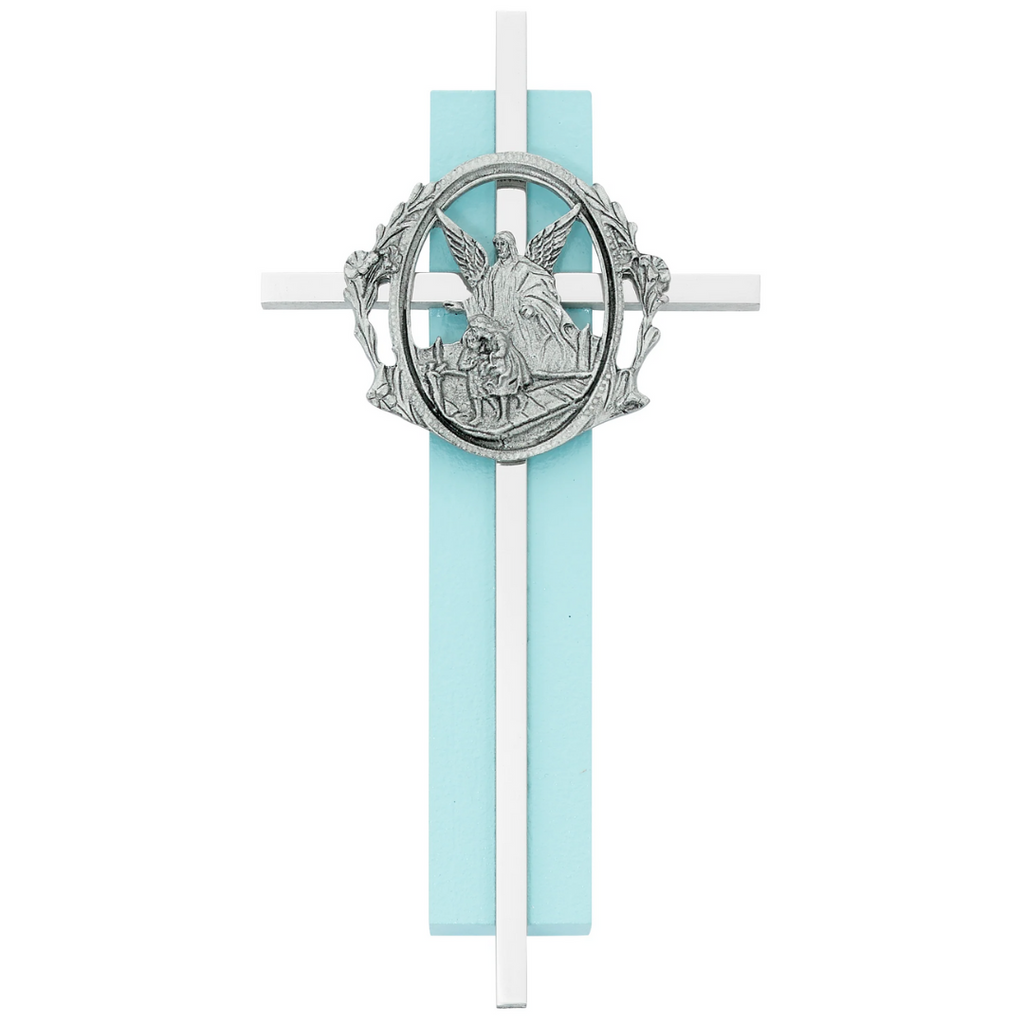 Wall Cross - 6in Blue Wood Guardian Angel Silver Cross Boxed