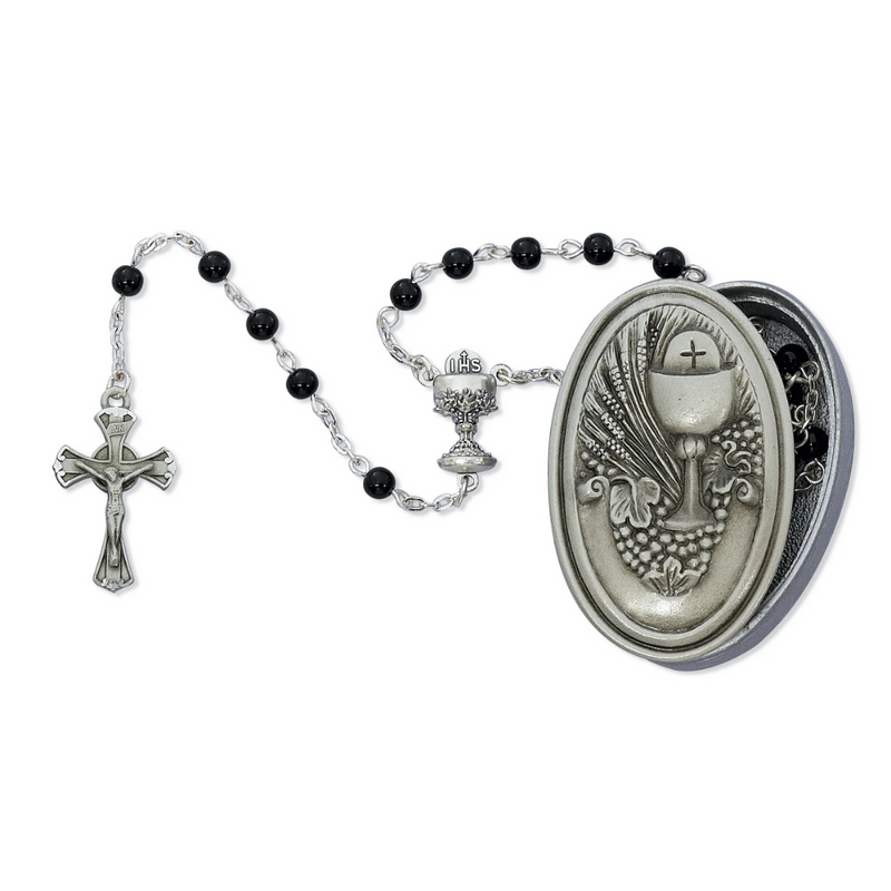 Rosary - Black Wood Rosary in Pewter Communion Box